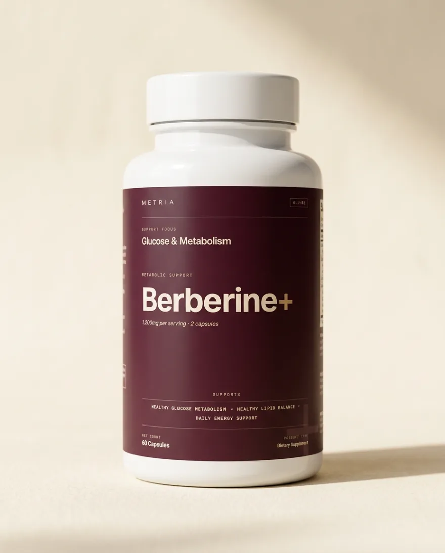 Metria Berberine supplement bottle with white cap and deep plum label
